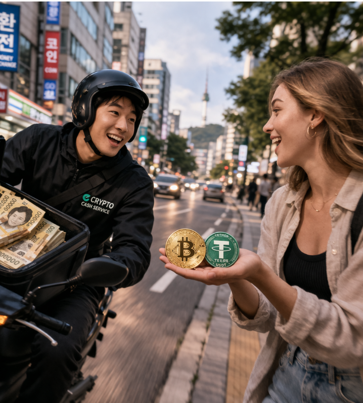 Face-to-face crypto exchange service in Seoul - Safe on-the-spot cash delivery at your hotel or preferred location in Korea.